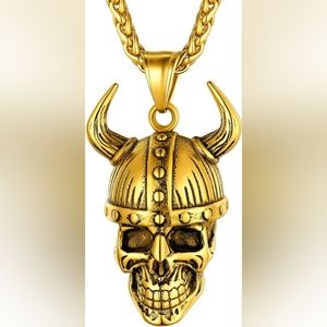 ChainsHouse Gold Tone Stainless Nordic Viking Skull Helmut NEW 22" + 2"